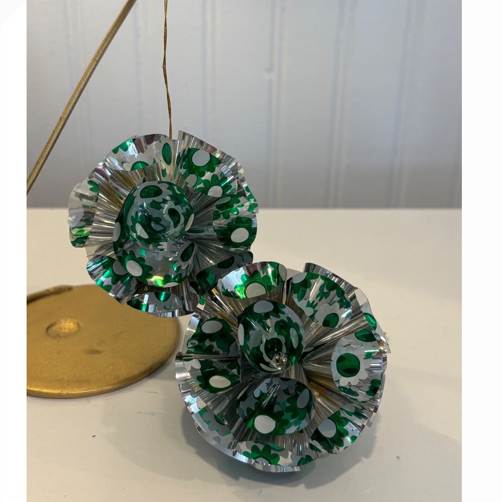 Vintage MCN Foil Pom Pom Christmas Ornaments Green Silver Floral Set of 2